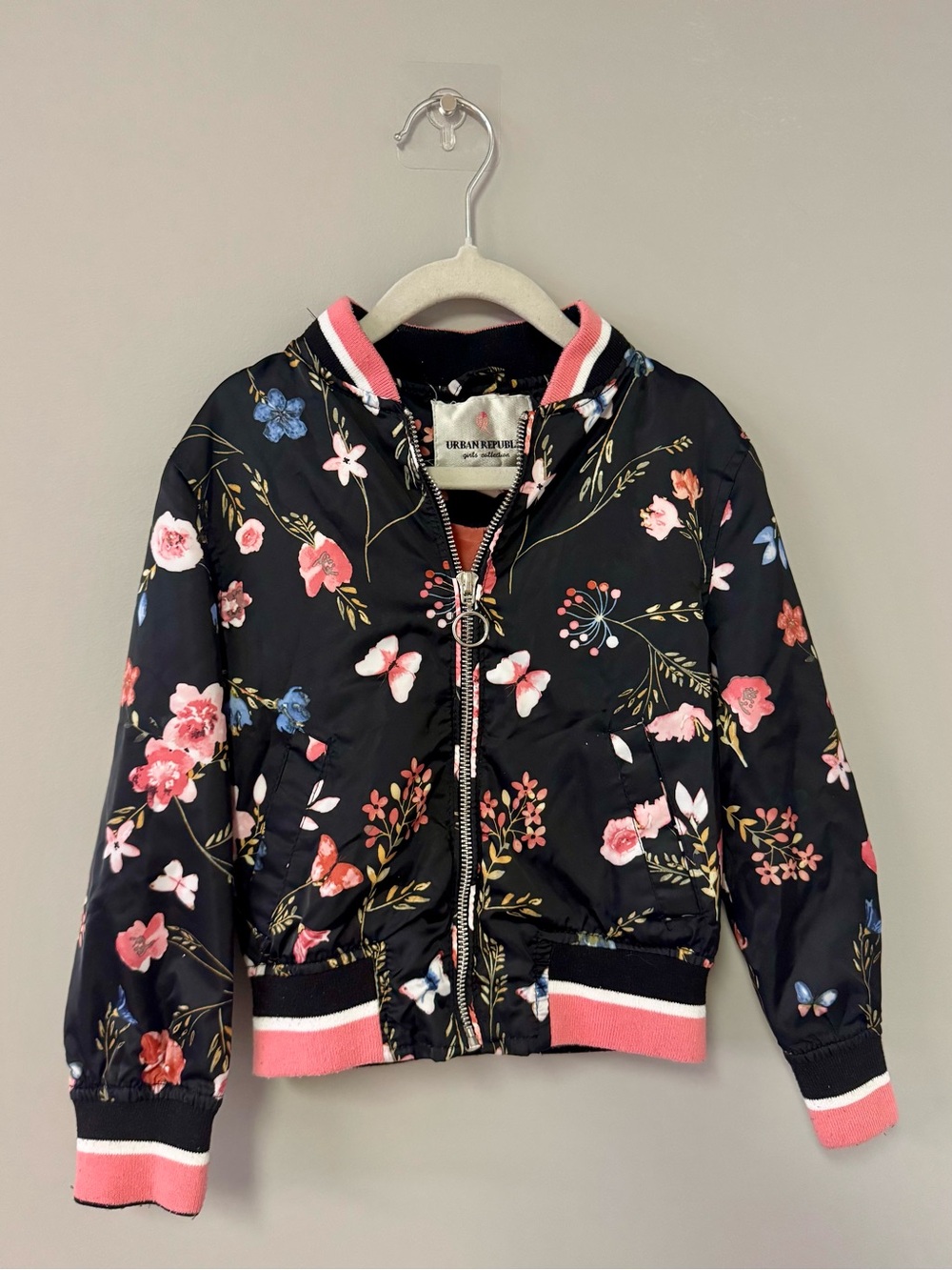 Urban Republic Black Floral Bomber Jacket with Pink Trim
